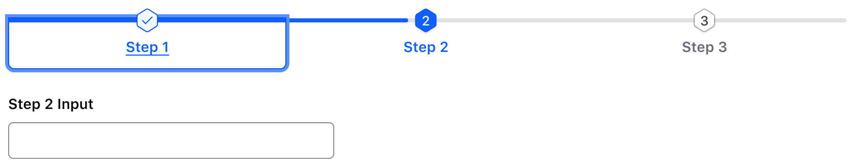 Stepper Nav with 3 steps. The left arrow has been pressed moving focus from step 1 to step 2.